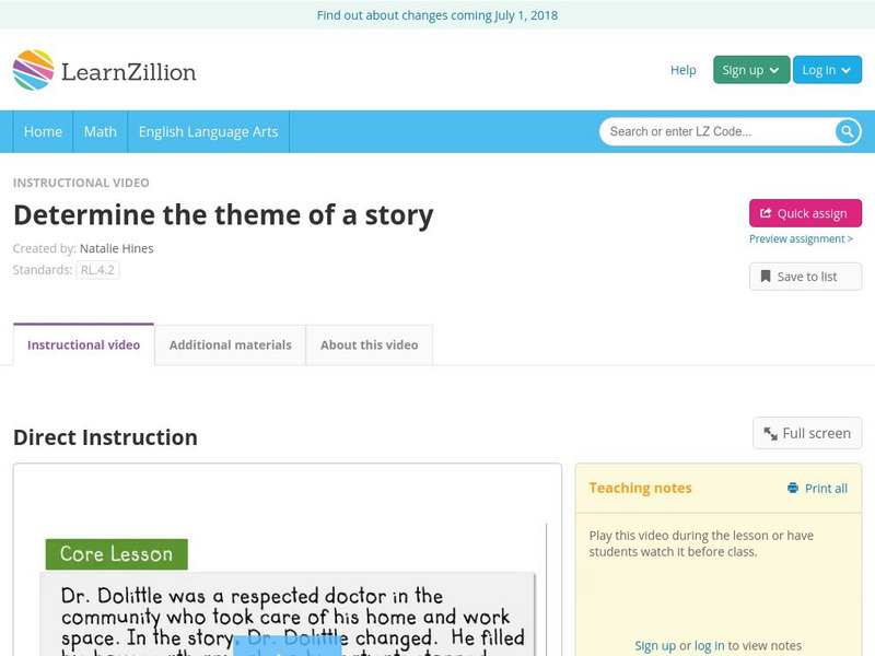 Learn Zillion: Determine the Theme of a Story Instructional Video