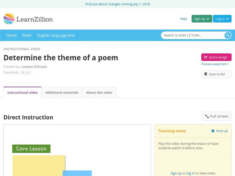 Learn Zillion: Determine the Theme of a Poem Instructional Video