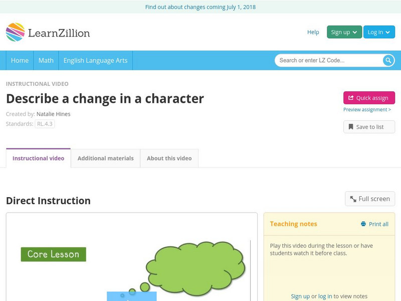 Learn Zillion: Describe a Change in a Character Instructional Video