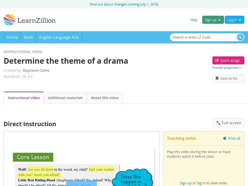 Learn Zillion: Determine the Theme of a Drama Instructional Video