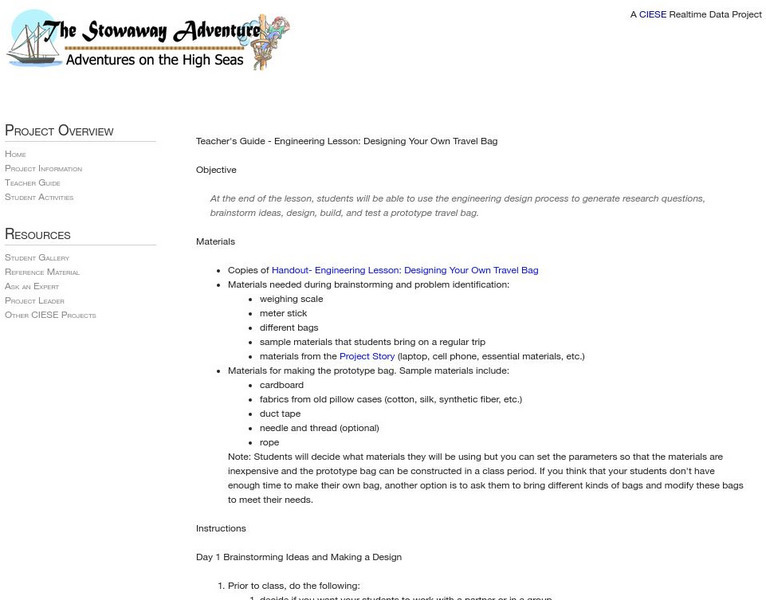 Ciese: The Stowaway Adventure: Engineering Lesson: Designing Your Own Travel Bag Lesson Plan Ciese: The Stowaway Adventure: Engineering Lesson: Designing Your Own Travel Bag Lesson Plan