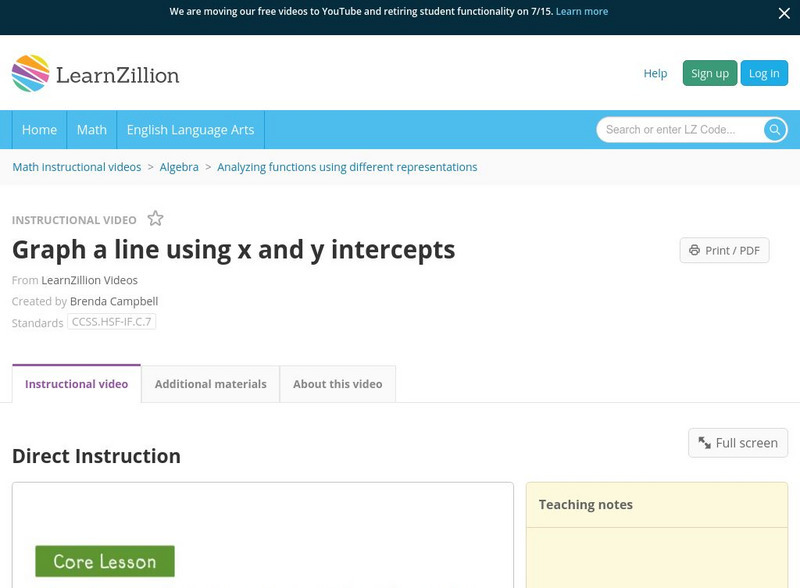 Learn Zillion: Graph a Line Using X and Y Intercepts Instructional Video