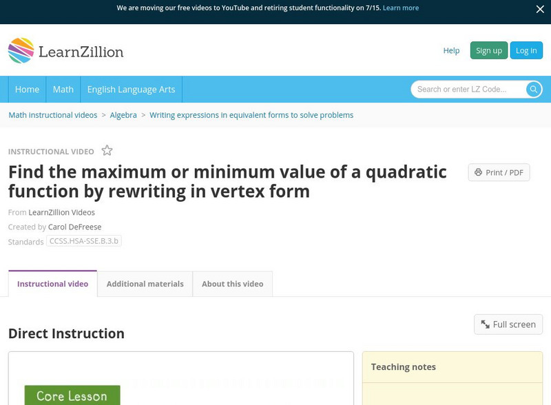 Learn Zillion: Find the Maximum or Minimum Value of a Quadratic Function Instructional Video