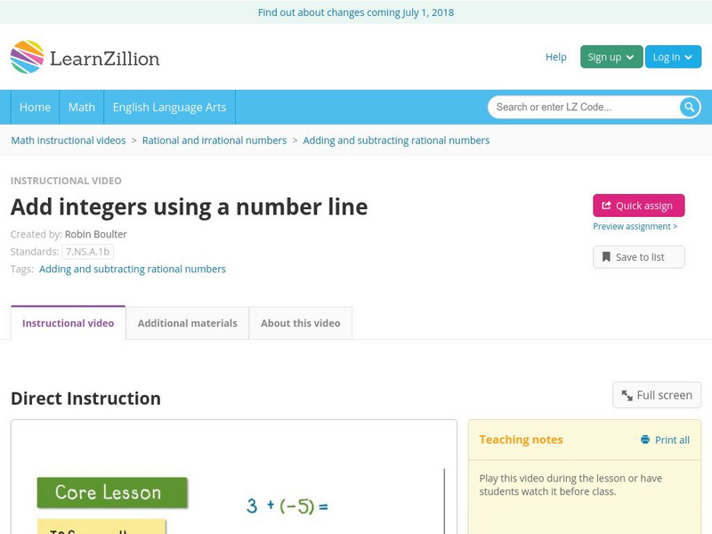 Learn Zillion: Add Integers Using a Number Line Instructional Video
