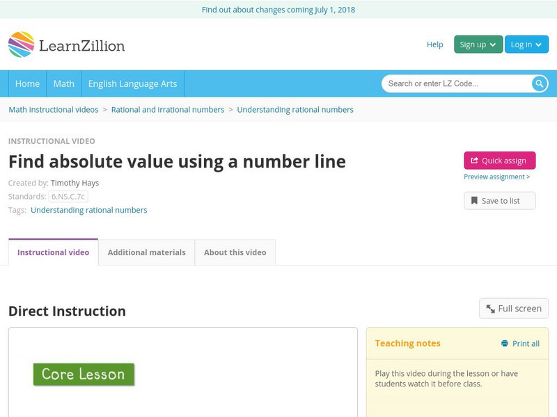 Learn Zillion: Find Absolute Value Using a Number Line Instructional Video Learn Zillion: Find Absolute Value Using a Number Line Instructional Video