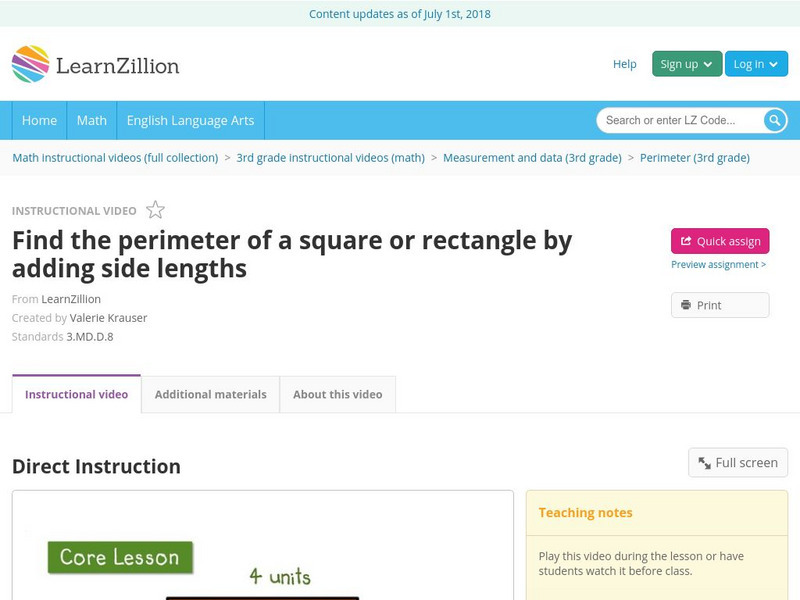 Learn Zillion: Find the Perimeter of a Square or Rectangle by Adding Side Lengths Instructional Video Learn Zillion: Find the Perimeter of a Square or Rectangle by Adding Side Lengths Instructional Video