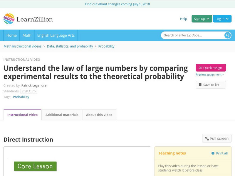 Learn Zillion: Understand the Law of Large Numbers Instructional Video Learn Zillion: Understand the Law of Large Numbers Instructional Video
