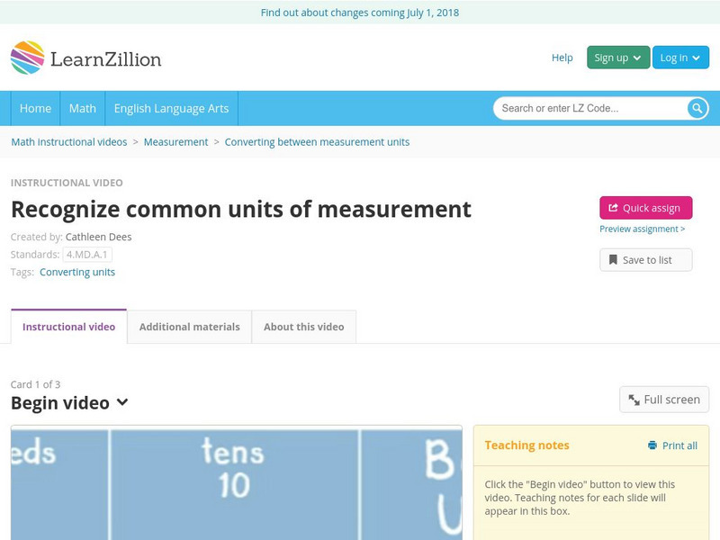 Learn Zillion: Recognize Common Units of Measurement Instructional Video Learn Zillion: Recognize Common Units of Measurement Instructional Video