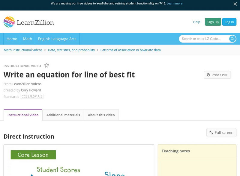 Learn Zillion: Write an Equation for Line of Best Fit Instructional Video