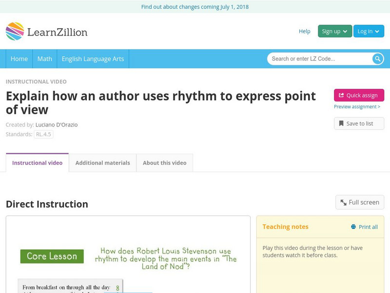 Learn Zillion: Explain How an Author Uses Rhythm to Express Point of View Instructional Video Learn Zillion: Explain How an Author Uses Rhythm to Express Point of View Instructional Video