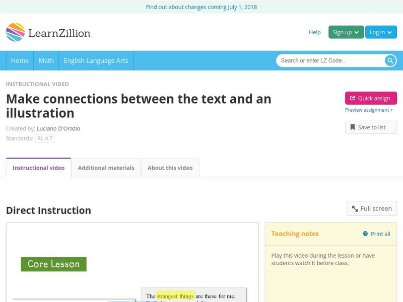 Learn Zillion: Make Connections Between the Text and an Illustration Instructional Video Learn Zillion: Make Connections Between the Text and an Illustration Instructional Video