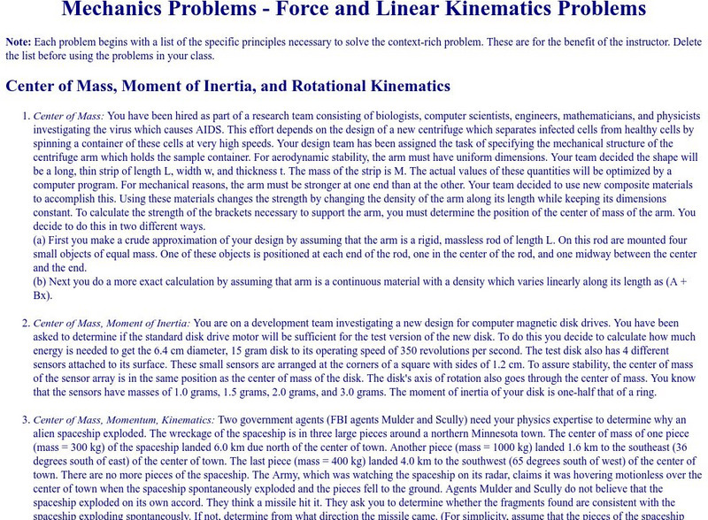 University of Minnesota: Mechanics Problems: Force and Linear Kinematics Problem Unknown Type