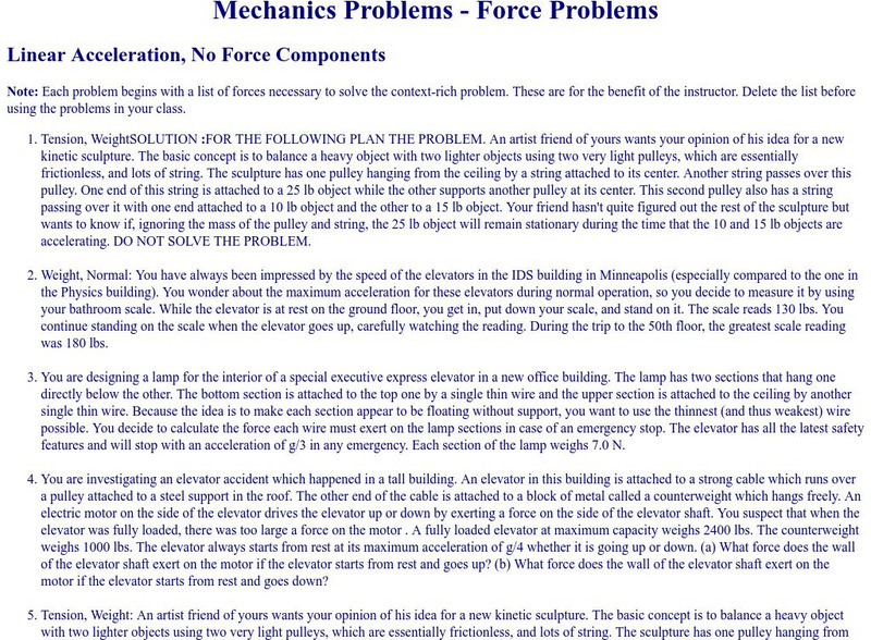 University of Minnesota: Mechanics Problems: Force Problems Unknown Type University of Minnesota: Mechanics Problems: Force Problems Unknown Type