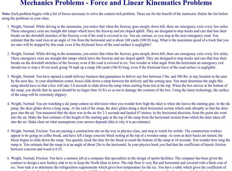 University of Minnesota: Mechanics Problems: Force and Linear Kinematics Problem Unknown Type University of Minnesota: Mechanics Problems: Force and Linear Kinematics Problem Unknown Type