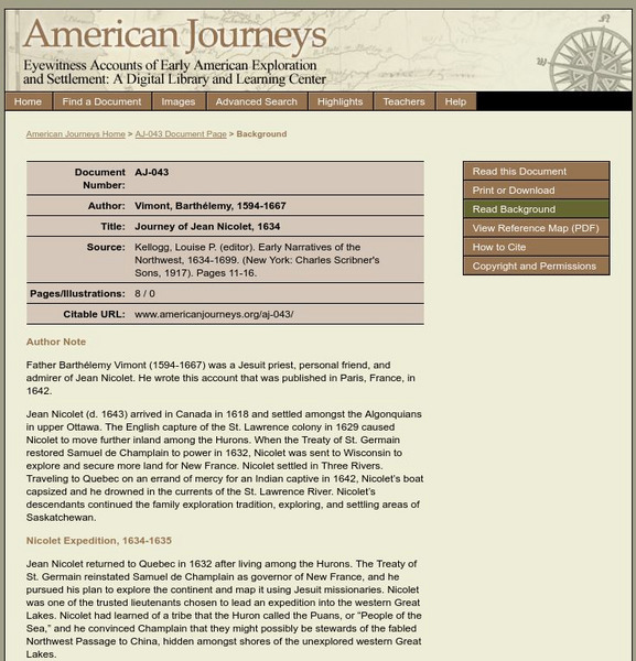 American Journeys: Background on the Journey of Jean Nicolet, 1634 Unit Plan American Journeys: Background on the Journey of Jean Nicolet, 1634 Unit Plan