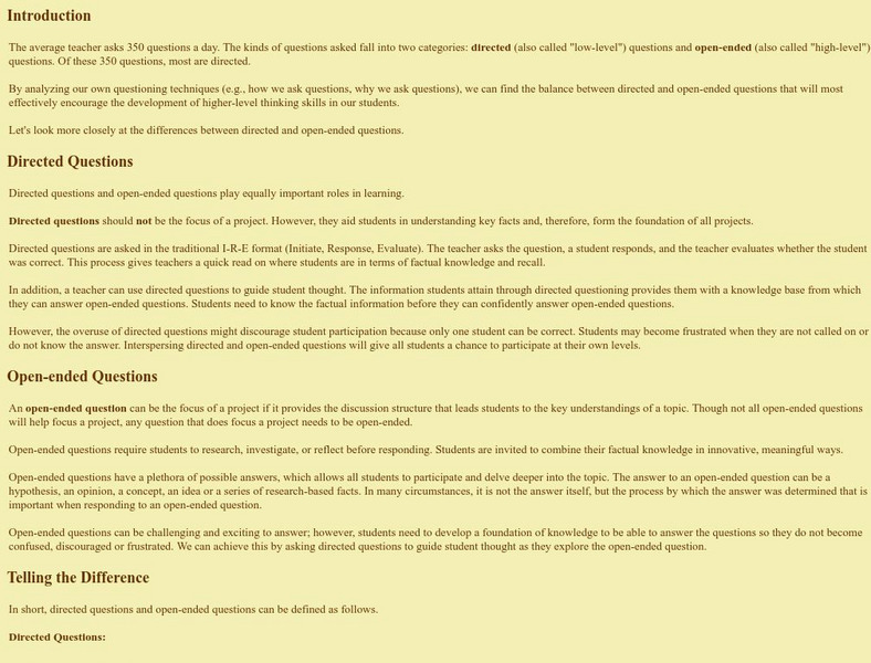 Developing Project Based Learning Units: Driving Questions Unit Plan