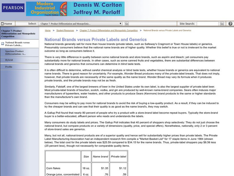 Pearson Education: National Brands Versus Private Labels and Generics Activity