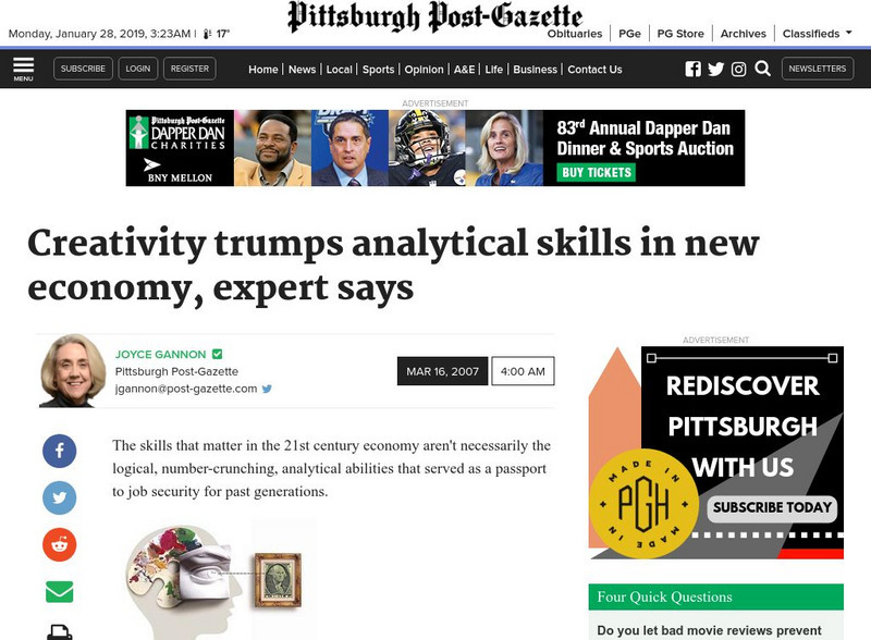 Post Gazette: Creativity Trumps Analytical Skills in New Economy, Expert Says Article Post Gazette: Creativity Trumps Analytical Skills in New Economy, Expert Says Article