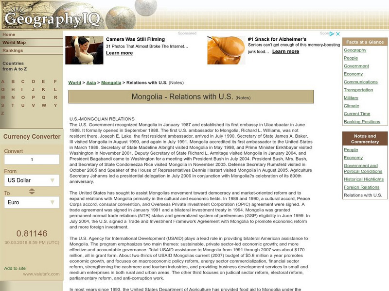 Geography Iq: Mongolia: Relations With u.s. Handout Geography Iq: Mongolia: Relations With u.s. Handout