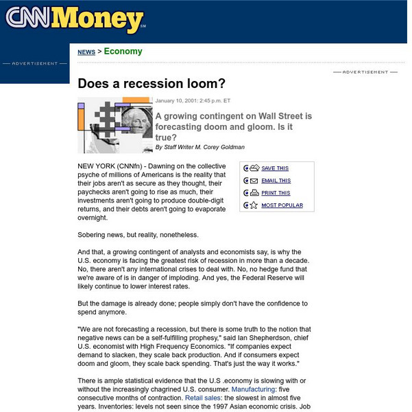 Cnn Money: Does a Recession Loom? Article Cnn Money: Does a Recession Loom? Article