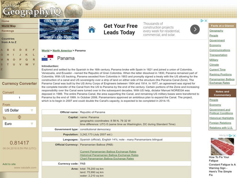 Geography Iq: Panama Handout Geography Iq: Panama Handout