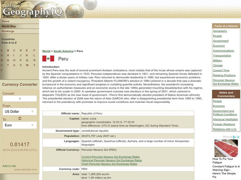 Geography Iq: Peru Handout Geography Iq: Peru Handout