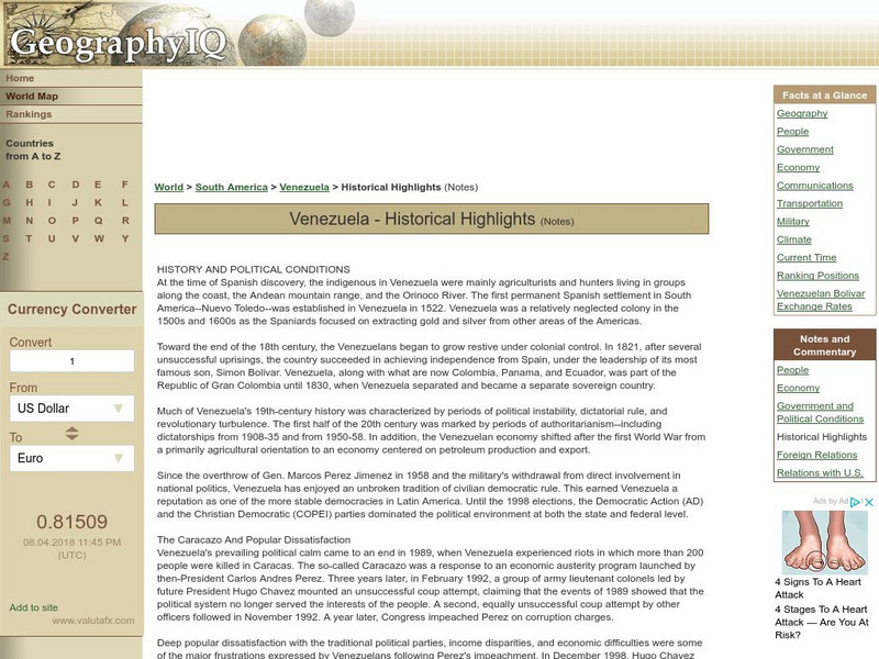 Geography Iq: Venezuela Historical Highlights Handout Geography Iq: Venezuela Historical Highlights Handout