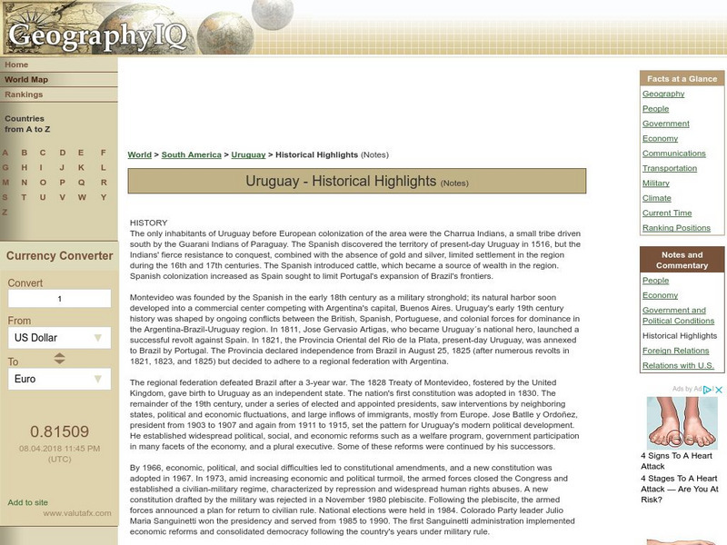 Geography Iq: Uruguay Historical Highlights Handout Geography Iq: Uruguay Historical Highlights Handout