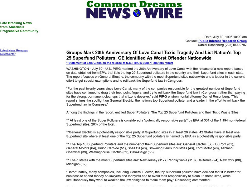 Common Dreams: Groups Mark 20th Anniversary of Love Canal Toxic Tragedy Article Common Dreams: Groups Mark 20th Anniversary of Love Canal Toxic Tragedy Article
