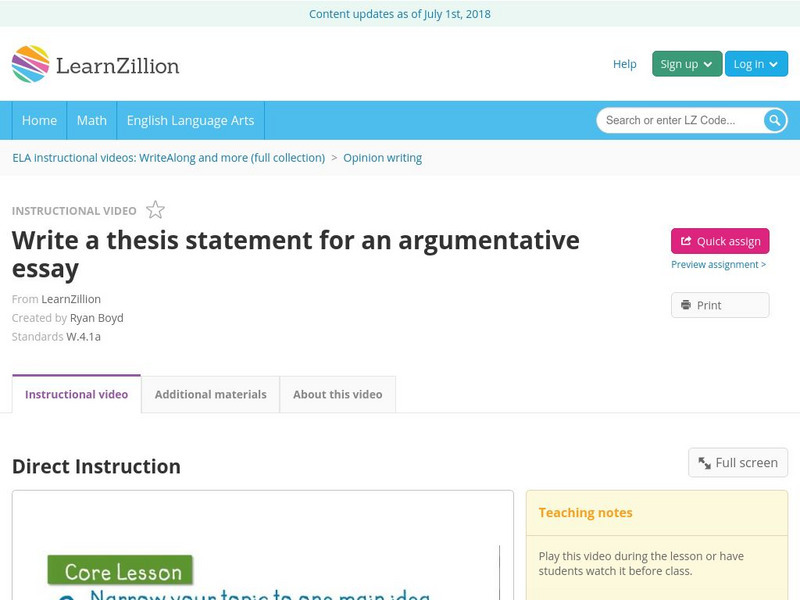 Learn Zillion: Write a Thesis Statement for an Argumentative Essay Instructional Video