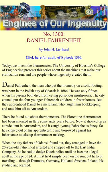 University of Houston: Engines of Our Ingenuity: No. 1300: Daniel Fahrenheit Article