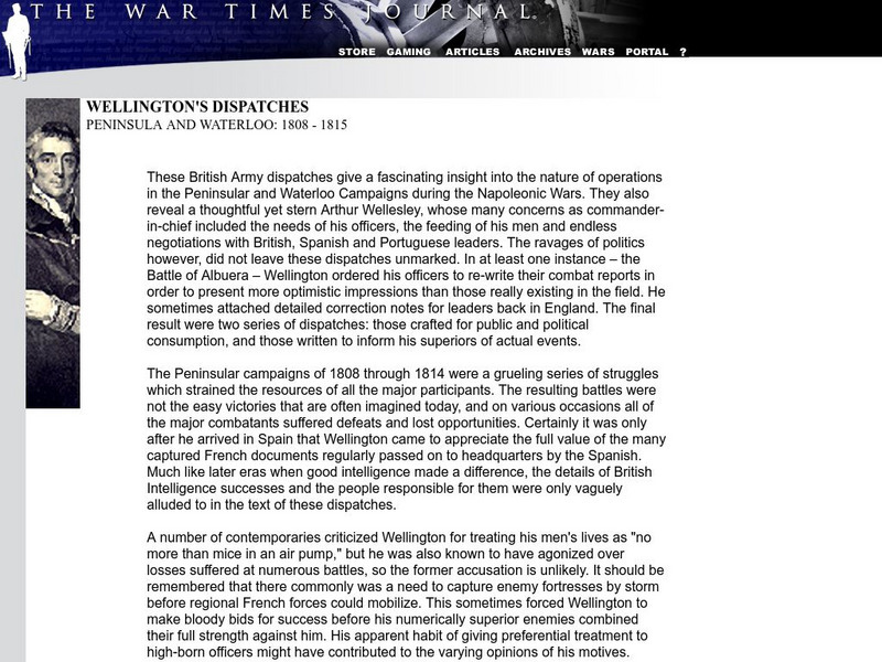 War Times Journal: Wellington's Dispatches: Peninsula and Waterloo: 1808 1815 Primary War Times Journal: Wellington's Dispatches: Peninsula and Waterloo: 1808 1815 Primary
