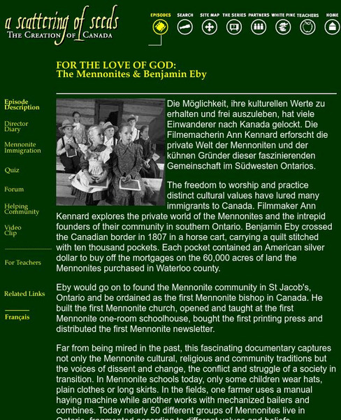 White Pine Pictures: For the Love of God: The Mennonites and Benjamin Eby Handout White Pine Pictures: For the Love of God: The Mennonites and Benjamin Eby Handout