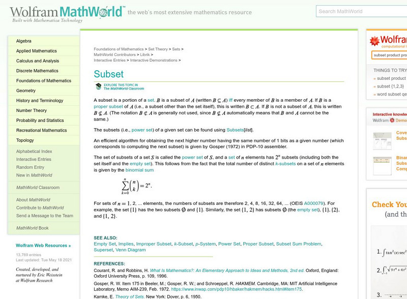 Wolfram Math World: Subset Handout Wolfram Math World: Subset Handout