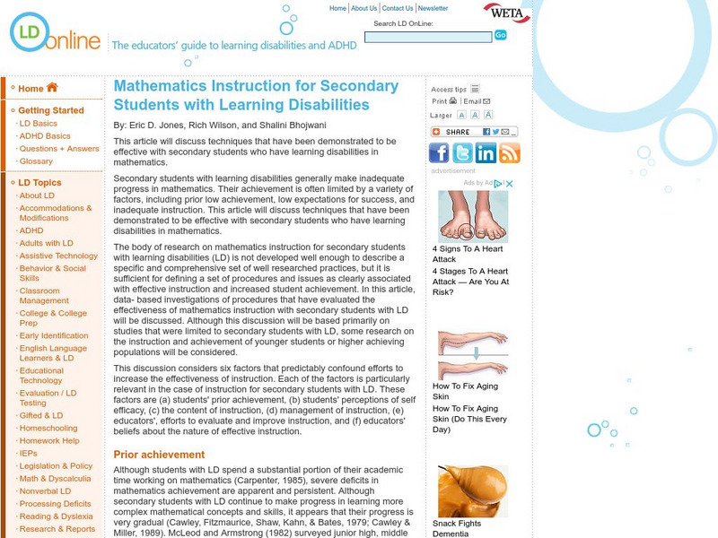 Ld Online: Mathematics for Secondary Students With Ld Article Ld Online: Mathematics for Secondary Students With Ld Article