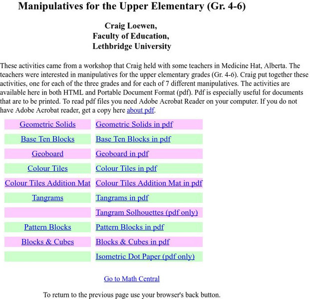 University of Regina: Math Central: Manipulatives for the Upper Elementary (Gr. 4 6) Activity University of Regina: Math Central: Manipulatives for the Upper Elementary (Gr. 4 6) Activity