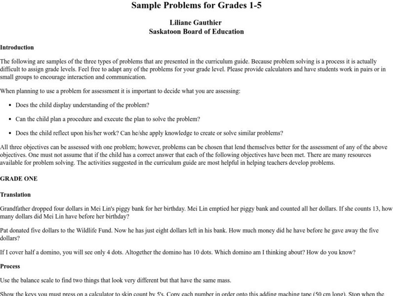 University of Regina: Math Central: Sample Problems for Grades 1 5 Activity University of Regina: Math Central: Sample Problems for Grades 1 5 Activity
