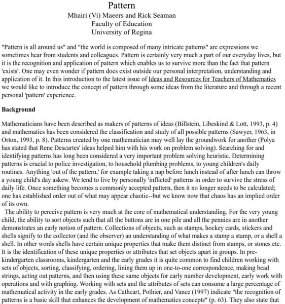 University of Regina: Math Central: Pattern Website