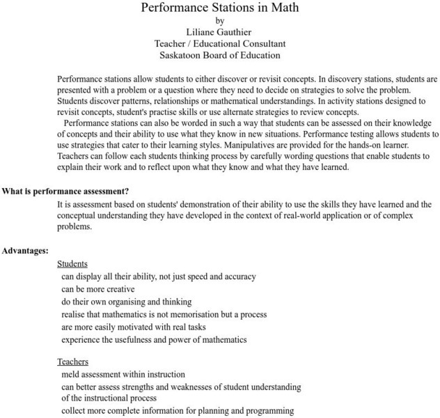 University of Regina: Math Central: Performance Stations in Math Professional Doc University of Regina: Math Central: Performance Stations in Math Professional Doc