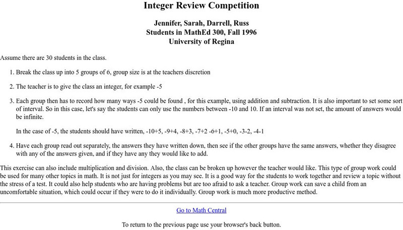 University of Regina: Math Central: Integer Review Competition Lesson Plan University of Regina: Math Central: Integer Review Competition Lesson Plan