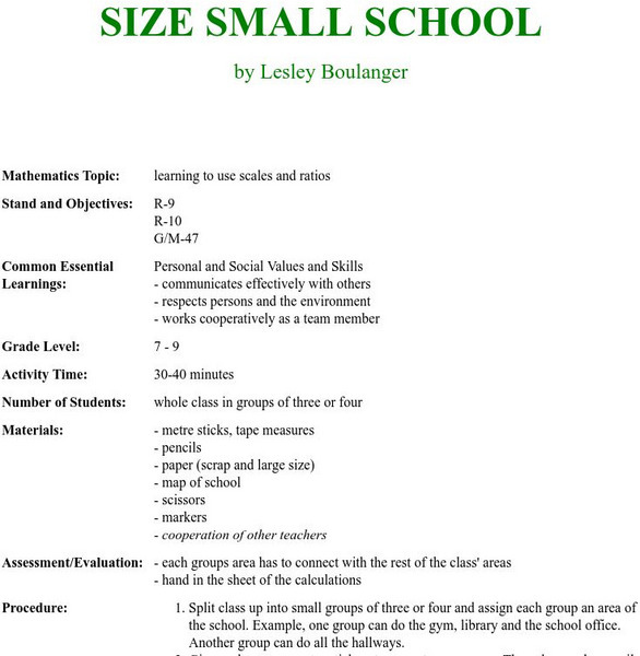University of Regina: Math Central: Scales and Ratios Activity Lesson Plan University of Regina: Math Central: Scales and Ratios Activity Lesson Plan