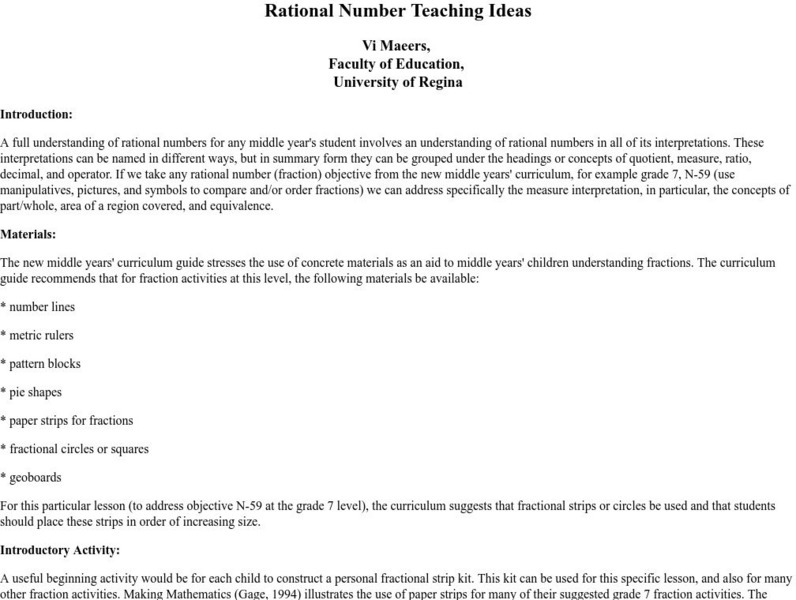 University of Regina: Math Central: Rational Numbers Lesson Lesson Plan University of Regina: Math Central: Rational Numbers Lesson Lesson Plan