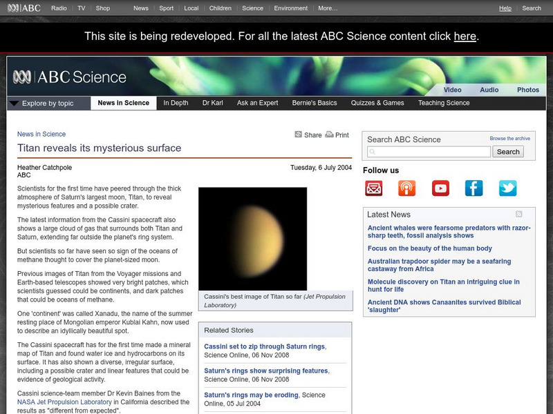 Australian Broadcasting Corporation: News in Science: Titan Reveals Its Mysterious Surface Article