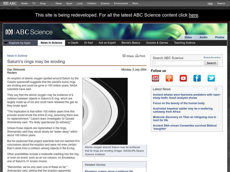 Australian Broadcasting Corporation: News in Science: Saturn's Rings May Be Eroding Article Australian Broadcasting Corporation: News in Science: Saturn's Rings May Be Eroding Article