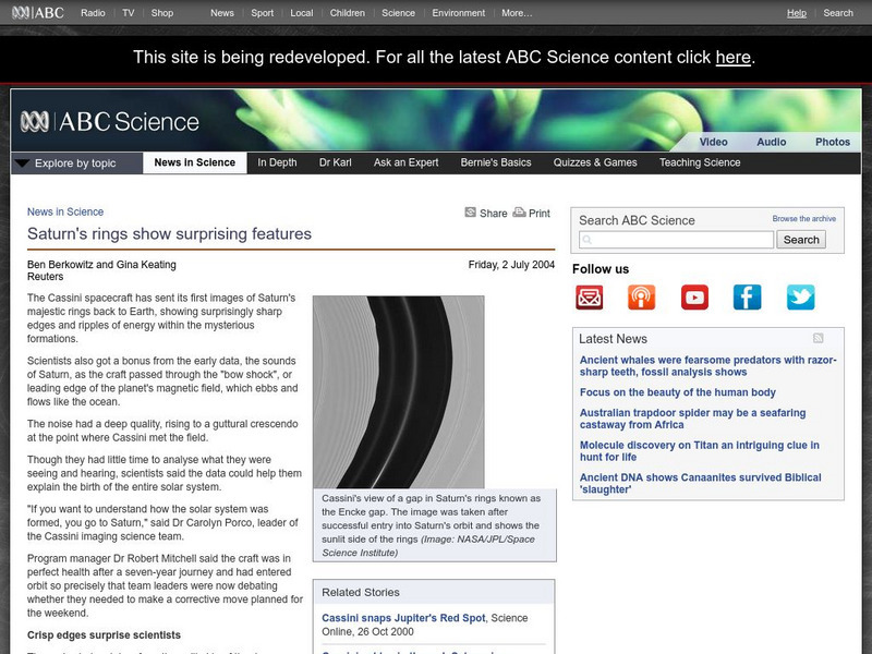 Australian Broadcasting Corporation: News in Science: Saturn's Rings Show Surprising Features Article Australian Broadcasting Corporation: News in Science: Saturn's Rings Show Surprising Features Article