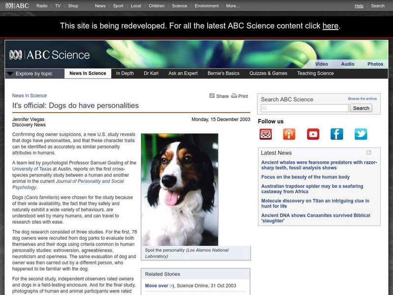 Australian Broadcasting Corporation: News in Science: Dogs Do Have Personalities Article