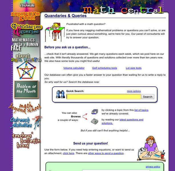 University of Regina: Math Central: Quandaries and Queries at Math Central Website University of Regina: Math Central: Quandaries and Queries at Math Central Website