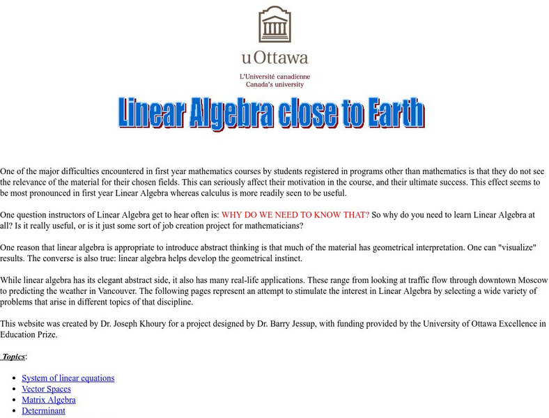 University of Ottawa: Linear Algebra Close to Earth Activity University of Ottawa: Linear Algebra Close to Earth Activity