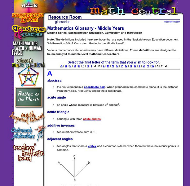 University of Regina: Math Central: Mathematics Glossary: Middle Years Handout