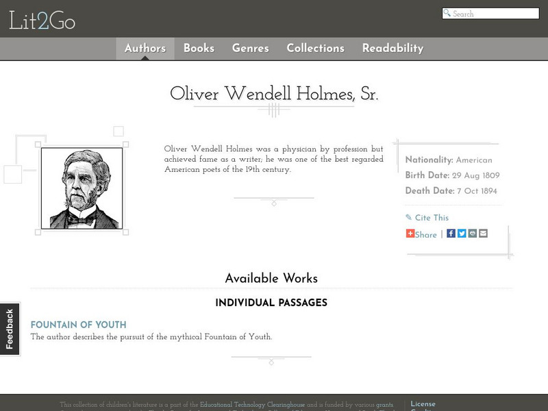 Educational Technology Clearinghouse: Lit2 Go: O. W. Holmes: Fountain of Youth Primary Educational Technology Clearinghouse: Lit2 Go: O. W. Holmes: Fountain of Youth Primary